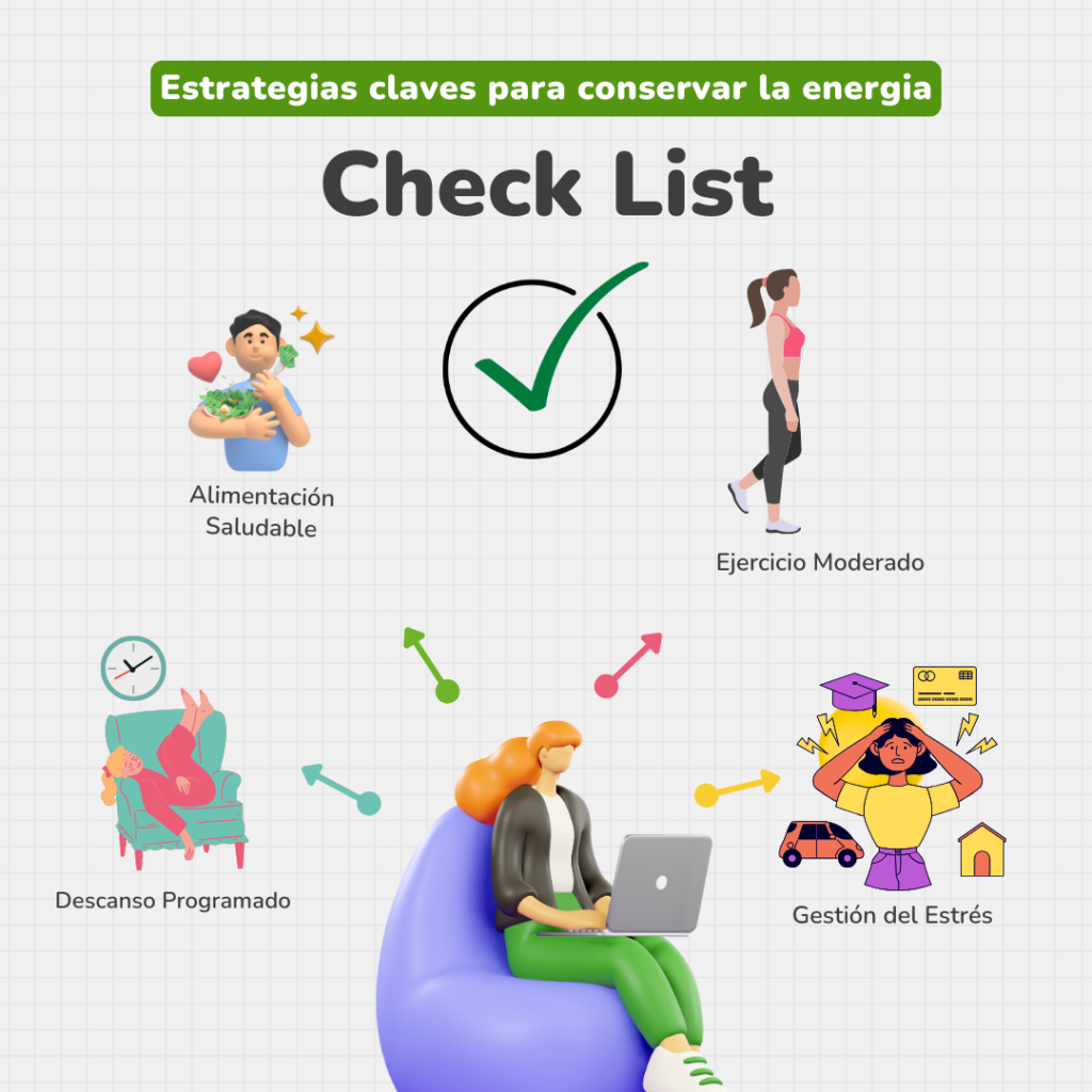 Infografía con una lista de estrategias para conservar energía en personas con Miastenia Gravis. I