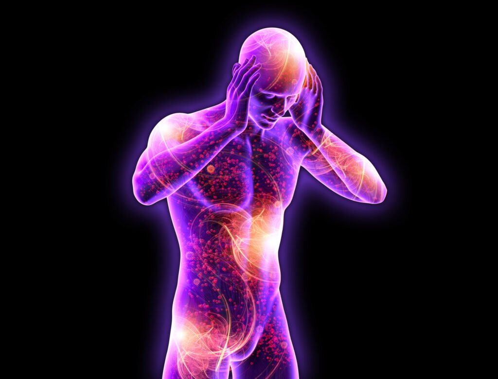 Ilustración del cuerpo humano con inflamación crónica destacada 