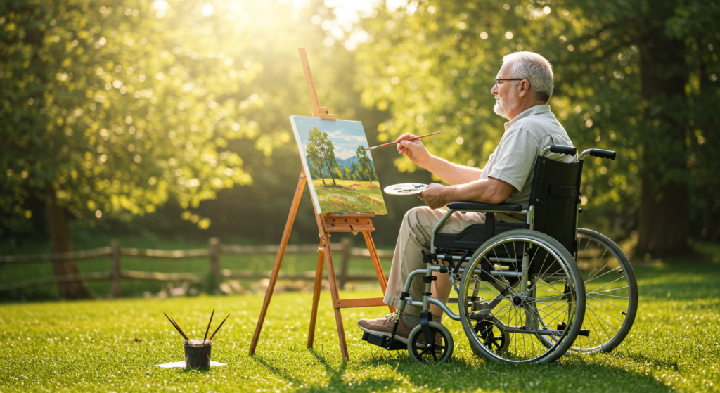Persona en silla de ruedas pintando al aire libre, disfrutando de una actividad creativa y mostrando autonomía a pesar de sus limitaciones físicas
