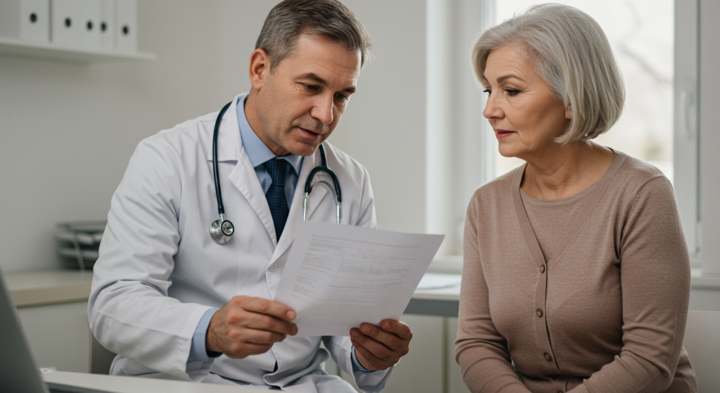 Paciente y médico revisan juntos una escala funcional en una consulta cálida y empática