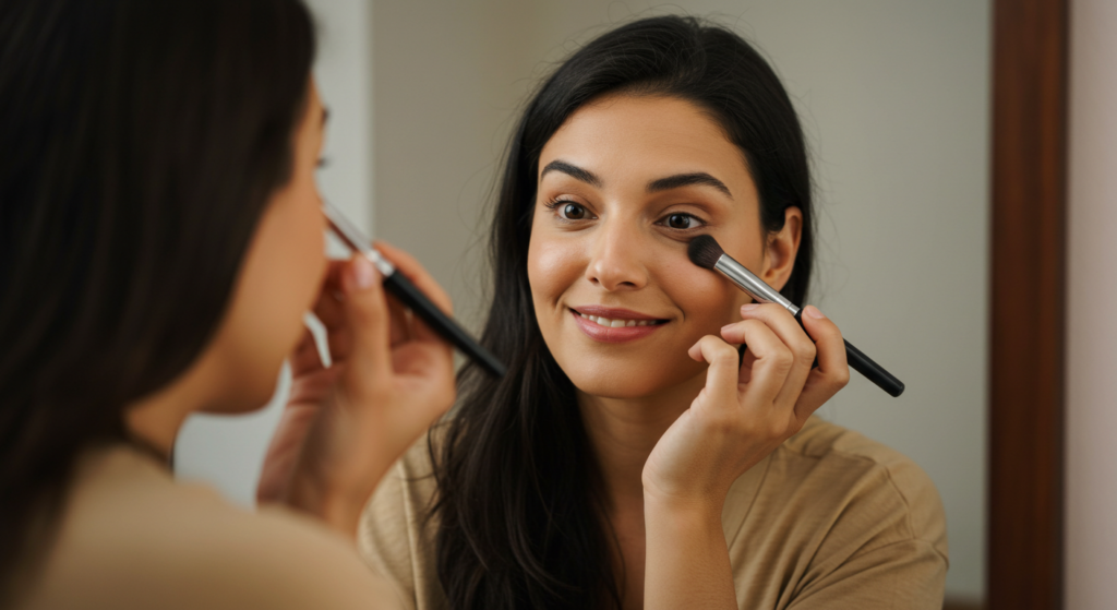 Mujer con Miastenia Gravis frente al espejo, cultivando su autoestima a pesar de la ptosis parpebral.
