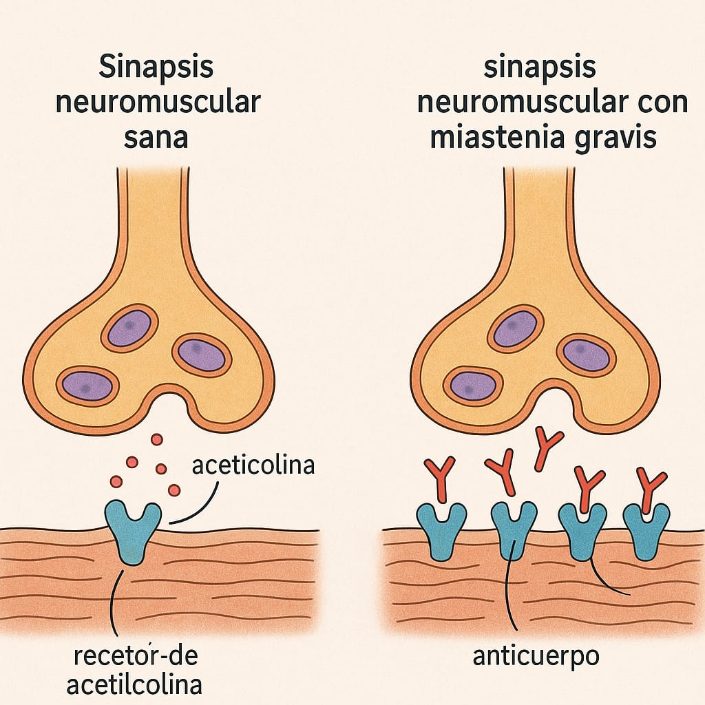 Ilustración comparativa entre una sinapsis neuromuscular sana y una afectada por Miastenia Gravis.