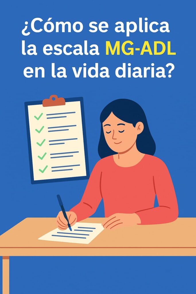 Infografía que explica de forma visual cómo se aplica la escala MG-ADL en la vida diaria de personas con Miastenia Gravis.