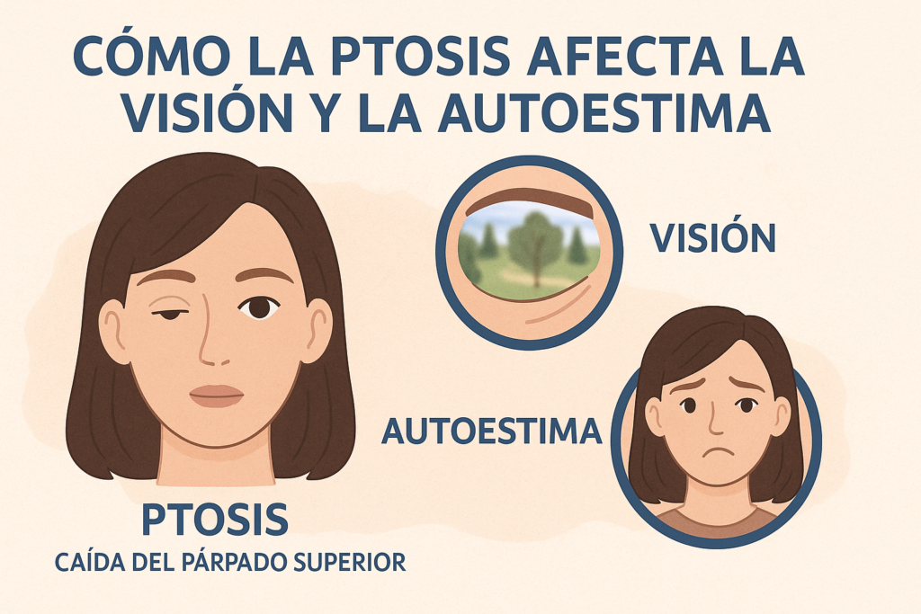 Persona con ptosis palpebral realizando una actividad diaria.