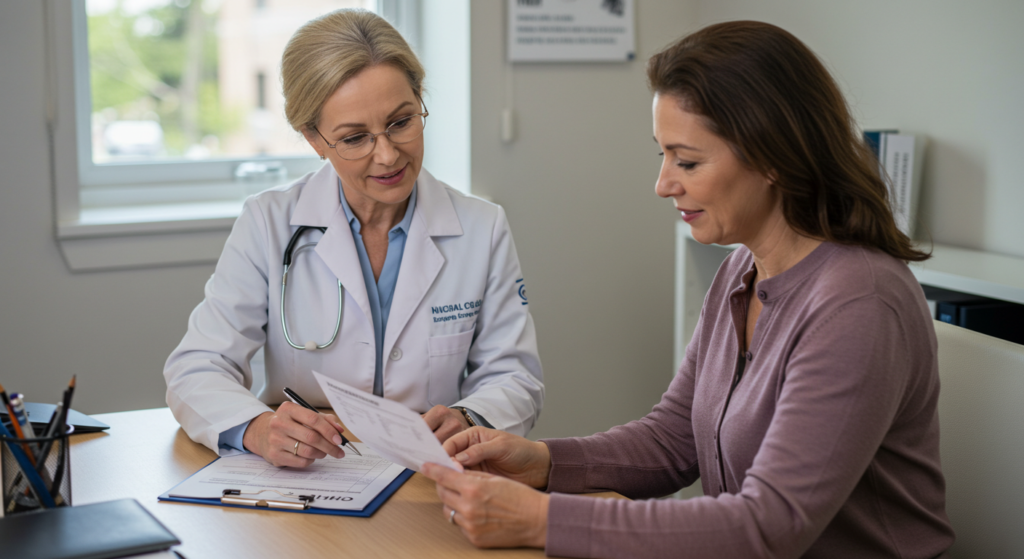 Médica y mujer con MG revisando juntas plan de tratamiento personalizado.