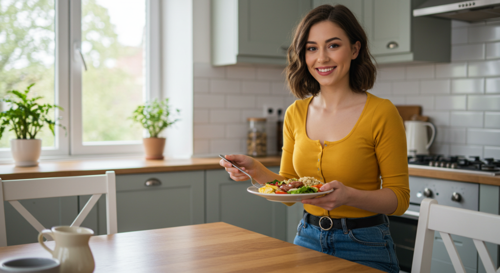 Persona sirviendo comida saludable adaptada para dieta en Miastenia Gravis. Representación de alimentación equilibrada y bienestar