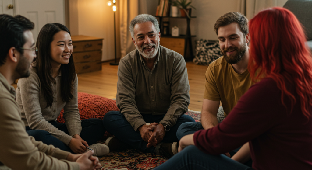 Personas reunidas en círculo compartiendo un momento de fe y apoyo espiritual en tiempos de enfermedad.