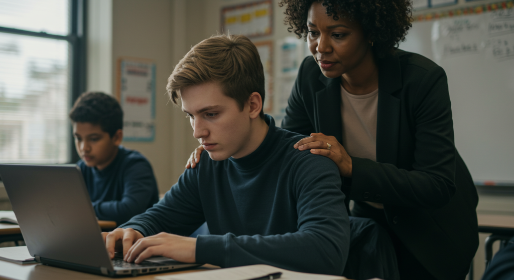 Estudiante con Miastenia Gravis usando laptop en clase, acompañado por docente empático