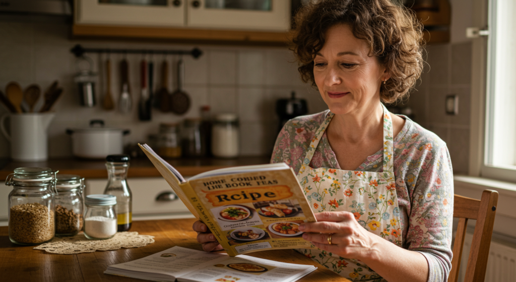 Persona revisando un recetario de cocina adaptada en casa.