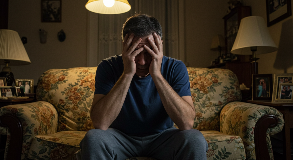 Persona con expresión de frustración o tristeza sentada en casa, sosteniendo su cabeza entre las manos.