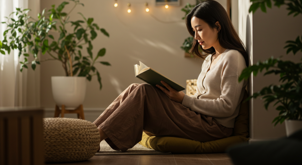 Persona leyendo y meditando junto a ventana con luz suave, simbolizando calma y bienestar en Miastenia Gravis.