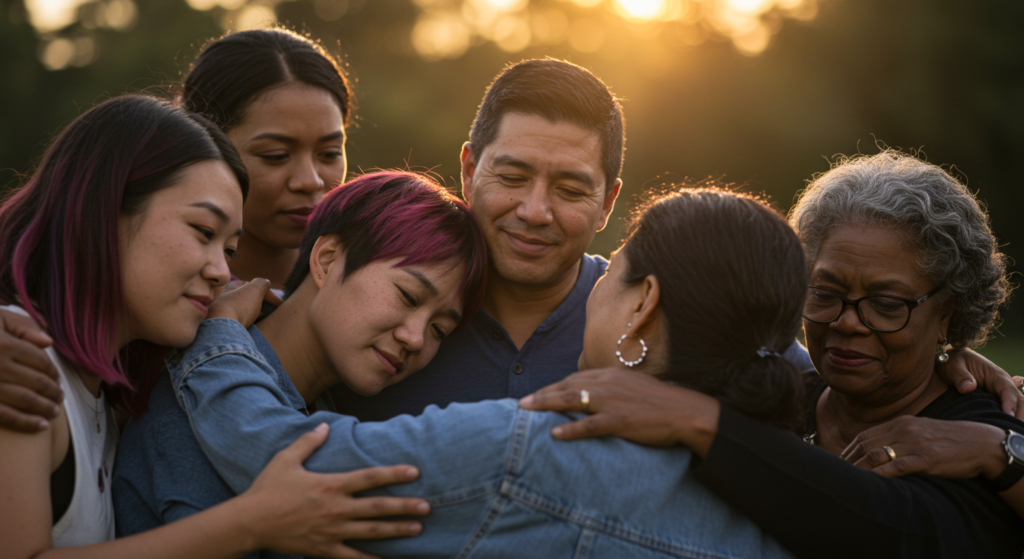 Grupo de personas abrazándose, simbolizando el apoyo