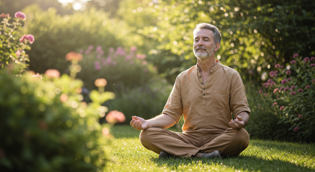 Imagen de una persona meditando, con un tono suave y esperanzador. con un semblante sereno pero reflexivo.