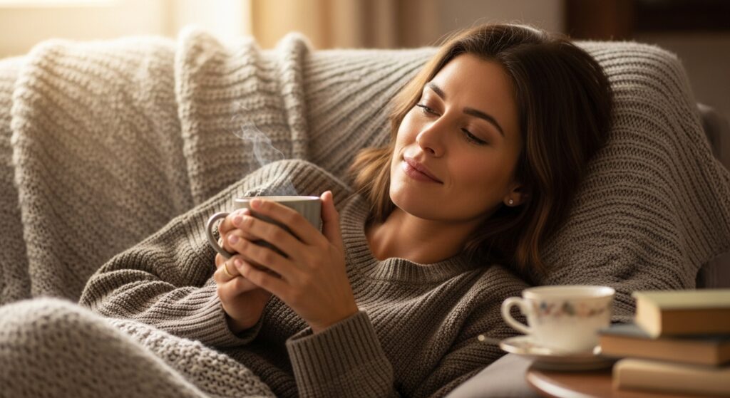 Mujer descansando con una taza en las manos, símbolo de paz interior y autocuidado espiritual.