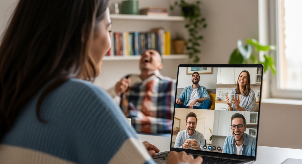 Persona en videollamada con amigos desde casa