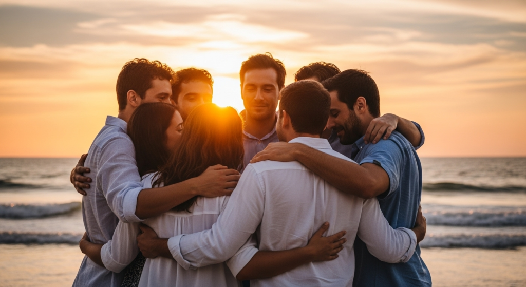Amigos entrelazando manos al atardecer, transmitiendo esperanza”