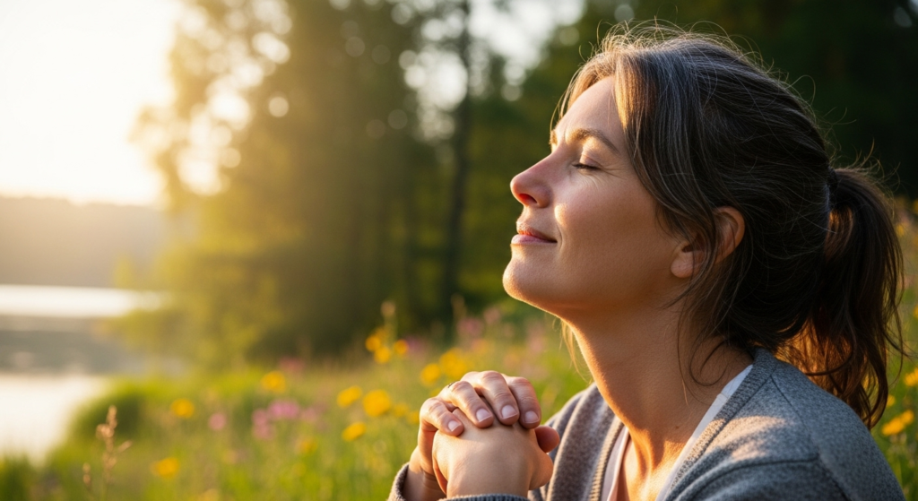 Mujer descansando con suavidad y esperanza.
