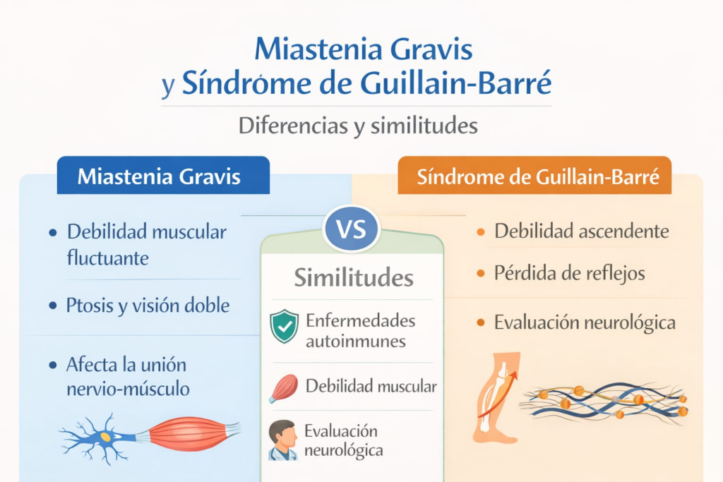 Comparación visual de síntomas y características de Miastenia Gravis y Guillain-Barré.